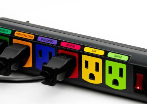 power strip with color-coded labels